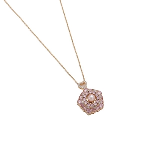 Elegant rotating pink zircon pendant necklace with freshwater pearl in rose gold finish