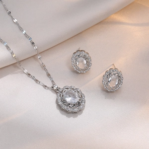 Oval Zircon Necklace And Earrings With 925 Sterling Silver Earring Post Retro Titanium Steel Elegant Rhinestone Jewelry