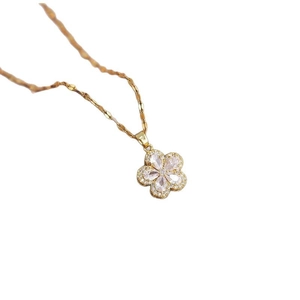 Elegant gold titanium steel necklace with flower pendant featuring five teardrop zircons