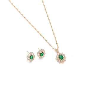 Elegant gold necklace and green zircon stud earring set with starburst halo design