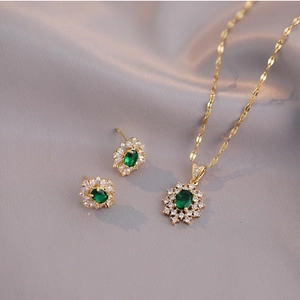 Emerald Zircon Sunflower Necklace Earrings With Silver Earring Post Stainless Steel For Women Elegant Retro Jewelry