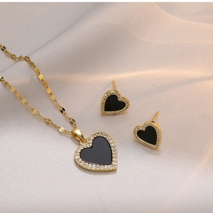 Heart Necklace And Earrings Titanium Steel Black Enamel With Zircon Sparkling Jewelry For Women Light Luxury Style