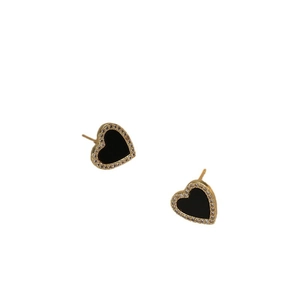 Elegant gold heart studs with black enamel and sparkling pavé crystals for women