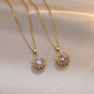 Rotierende Sonnenblume Anhänger Halskette Titanstahl Zirkon Strass Elegantes Blumen Design Modischer Schmuck Für Frauen