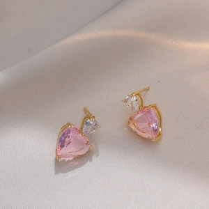 Heart Stud Earrings Pink Zircon Copper Gold Plated Romantic Sparkling Jewelry For Women Girl Gift Sweet Elegant