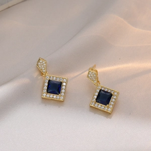 Geometric Square Drop Earrings With Blue Zirconia And 925 Sterling Silver Earring Post For Women Elegant Jewelry