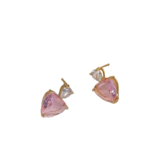 Elegant gold heart earrings with pink heart-shaped stones and clear triangle crystals