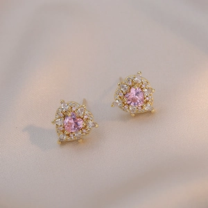 Sweet Pink Zircon Heart Stud Earrings Copper Gold Plated Sparkly Rhinestone Korean Style Jewelry For Women