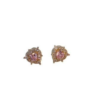 Elegant heart-shaped pink zircon stud earrings with gold plating and white crystal halo