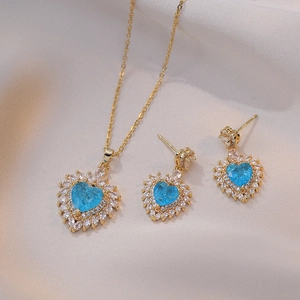 Heart Pendant Necklace And Stud Earrings Blue Zircon Inlaid Copper Titanium Steel Fashion Jewelry For Women Romantic Gift