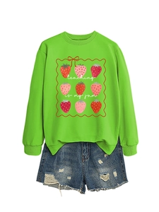 Green sweatshirt with teaching is my jam strawberry print and denim shorts combo