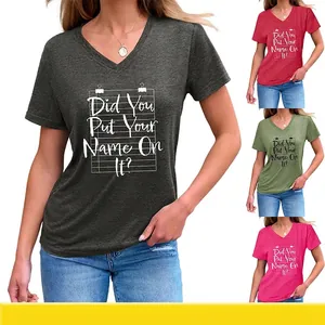 Women Cotton Blend T-Shirt V-Neck Short Sleeve Casual Loose Letter Print Side Knot Hem Rolled Sleeve Tee