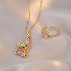 Pink Zircon Rabbit Pendant Necklace Titanium Steel Gold Plated Cute Animal Design Fashion Jewelry Gift For Women