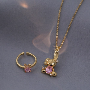 Golden bunny jewelry set with pink zircon necklace and adjustable ring for women