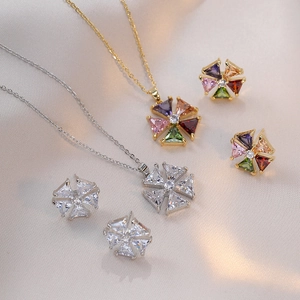 Parure de Bijoux Fleur Hexagonale Acier Titane Cuivre Zircone Cubique Colorée Collier Boucles d'Oreilles Mariage Fête Femme