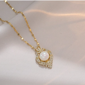 Elegant Women White Artificial Pearl Pendant Necklace Titanium Steel Zircon Inlaid Retro Baroque Hollow Design Light Luxury Jewelry