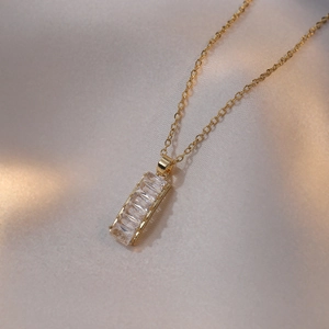 Pendant Necklace Gold Titanium Steel Rectangular Clear Baguette Cut Zircon Geometric Minimalist Light Luxury For Women