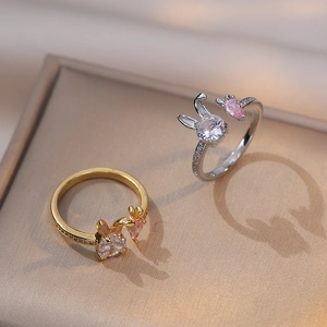 Bague Ouverte Lapin Carotte Alliage Zircon Rose Ajustable Style Doux Cool Bijoux De Mode Pour Femmes
