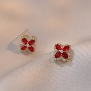 Flower Stud Earrings Copper Gold Plated With Red Marquise Cubic Zirconia And Clear Rhinestones Korean Style Jewelry For Women