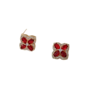 Elegant four-leaf clover stud earrings with red marquise zircon and gold plating