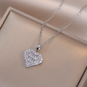 Heart Pendant Necklace Titanium Steel Zircon Inlaid Chic Sweet Style Women Fashion Accessory