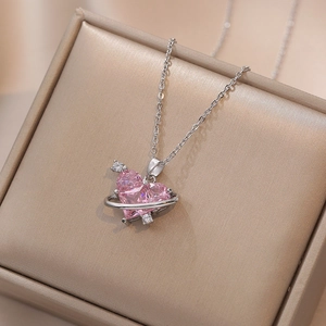 Heart Saturn Pendant Necklace Titanium Steel Pink Cubic Zirconia Planetary Ring Sweet Romantic Jewelry For Women