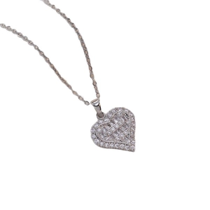 Silver heart pendant necklace with zircon stones and polished double layer chain