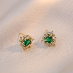 Heart Stud Earrings Retro Copper Zircon Green Stone Inlaid Gold Plated Elegant Fashion Jewelry For Women
