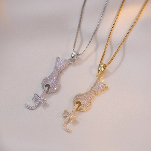 Fashion Back View Cat Pendant Necklace Stainless Steel With Zircon Bow Design Jewelry For Women