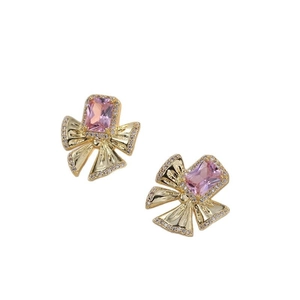 Elegant butterfly stud earrings with pink rectangular zircon and gold plating