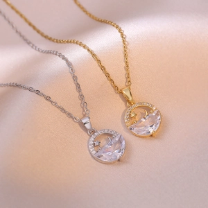 Collier Pendentif Étoile Lune Acier Inoxydable Zircon Géométrique Élégant Bijoux Mode Pour Femmes