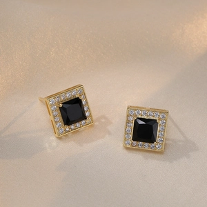 Square Stud Earrings Copper With Black Zircon And Halo White Rhinestones Gold Plated Elegant Korean Style Jewelry For Women