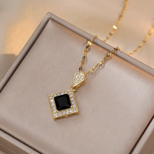 Square Pendant Necklace Titanium Steel Black Zircon Geometric Fashionable Minimalist Elegant Jewelry For Women