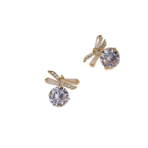 Elegant gold bow butterfly stud earrings with sparkling round clear cubic zirconia stones