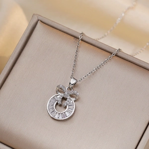 Necklace Titanium Steel Bowtie Pendant Zircon Inlaid Geometric Circle Luxury Fashion Accessory For Women
