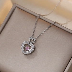Heart Pendant Necklace Stainless Steel Dancing Pink Zirconia Luxury Elegant Jewelry For Women