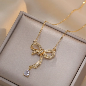Pendant Necklace Titanium Steel Zircon Pear Gemstone Bowtie Design Elegant Fashion Jewelry For Women