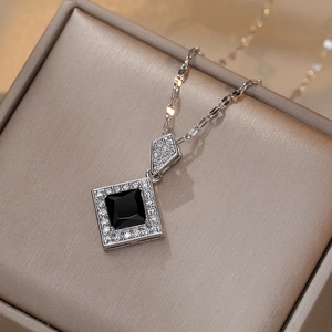 Geometric Square Black Cubic Zirconia Pendant Necklace Titanium Steel For Women Elegant Clavicle Chain Jewelry