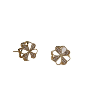 Elegant gold flower earrings with sparkling zircons and white shell petals for women