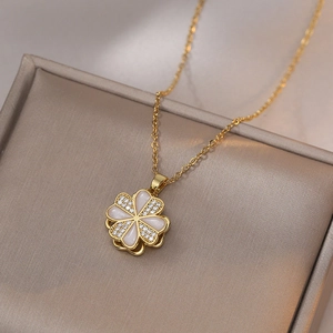 Rotating Heart Clover Flower Pendant Necklace Titanium Steel Cubic Zirconia Shell Elegant Trendy Jewelry For Women