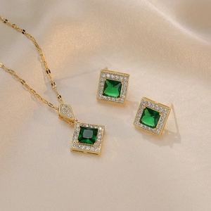 Emerald Green Cubic Zirconia Square Pendant Necklace And Earrings Vintage Luxury Titanium Steel Jewelry For Women