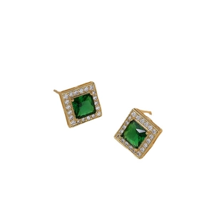 Elegant gold titanium earrings with square emerald zircon surrounded by white crystals