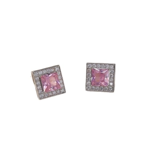 Pink square zircon halo stud earrings with silver plating for a minimalist elegant style