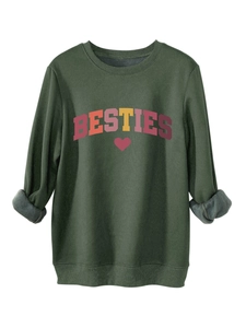 Detail of dark green sweatshirt showing warm fleece lining and BESTIES heart print