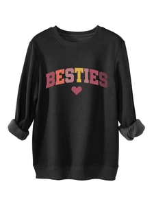 Detail of fleece lining and BESTIES embroidery on a black heavy cotton sweatshirt