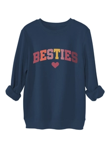 Detail of navy blue sweatshirt featuring BESTIES text and small red heart print