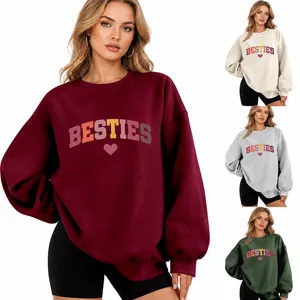 Sudadera Oversized Mujer Mezcla Algodón Forro Polar Cuello Redondo Manga Larga Estampado Letras Besties Corazón Casual Otoño Invierno