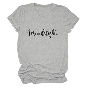 Detail of grey crewneck T-shirt with I'm a delight print and rolled-up cuff sleeves