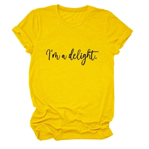 Macro detail of casual round neck cotton T-shirt with I'm a delight letter print