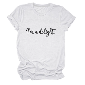 Detail of white cotton crewneck t-shirt featuring I'm a delight black script print